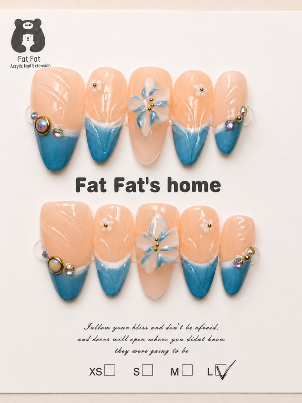 NEW Blue Lagoon French Tip Press On Nails | 3D Flowers | Long Almond |